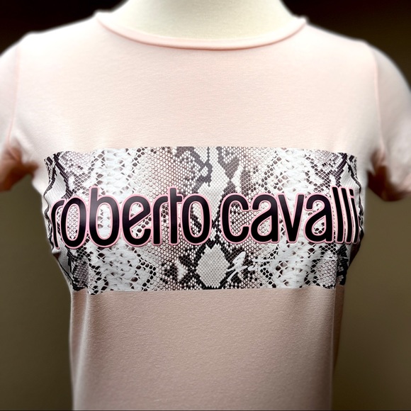 Roberto Cavalli Peach Pink Snakeskin Logo T Shirt Size XS Designer Sexy - Picture 3 of 14